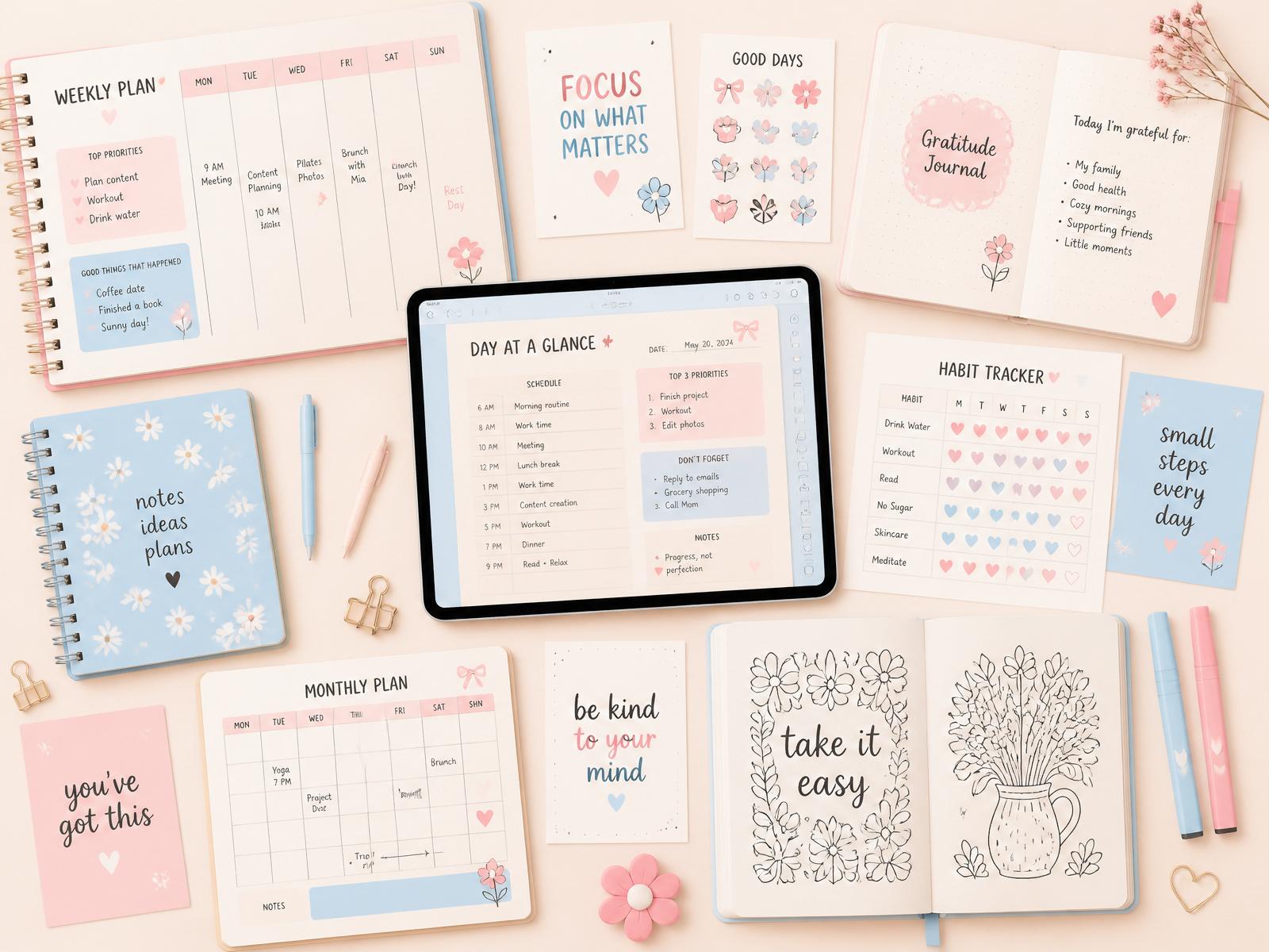 Flat lay of pastel planners, journals, and printables
